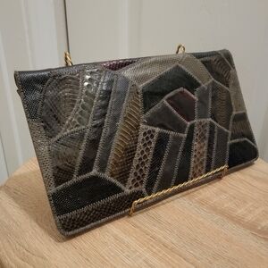 Varon Vtg Leather & Snake Skin Clutch w Chain Shoulder Strap